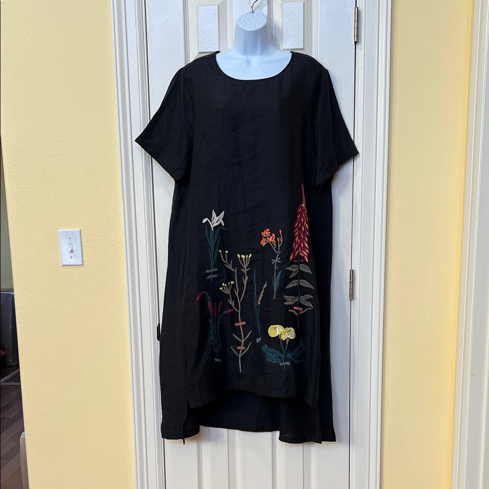 Embroidered Womens 3D Flower Black Linen Dress Sz XL Lagenlook Whimsy Fairygoth
